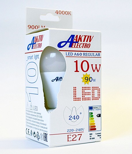Лампа светодиодная LED-A60-Regular 10Вт 220-240В Е27 4000К 900Лм AKTIV ELECTRO