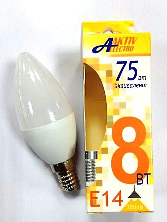 Лампа светодиодная LED-C35-Regular 8Вт 175-265В Е14 3000К 700Лм СВЕЧА AKTIV ELECTRO