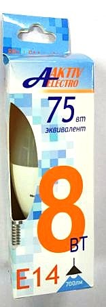 Лампа светодиодная LED-C35-Regular 8Вт 175-265В Е14 4000К 700Лм СВЕЧА AKTIV ELECTRO