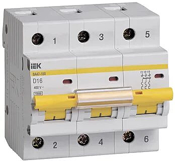 Автоматический выключатель IEK ВА47-100 3P 16А 10кА характеристика D